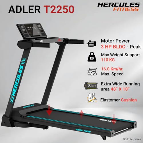 Image of Hercules Fitness T2250 1.5 /3.0 HP Peak BLDC Motorized Foldable Treadmill | 15 Level Auto Incline | Bluetooth MP3 Player Available | Max Speed 16 Km /Hr | Max User Weight 110 Kg