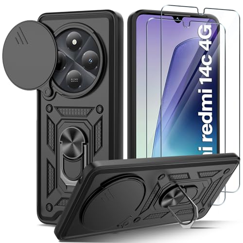 Guisessy Funda para Xiaomi Redmi 14C/14 C/Poco C75 4G Armor Carcasa Cubierta de cámara Deslizante Proteger con 2 Pack Cristal Templado Protector, con 360 Anillo Soporte PC y Silicona TPU Case, Negro