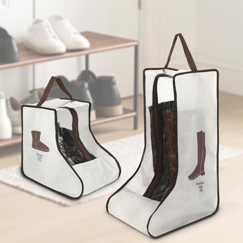 2 Pcs Boot Bags for Cowboy Boots, Visualization Boot Storage Bag, 1 Tall and 1 Short Waterproof Dustproof Portable Travel and Daily Use Foldable Leather Shoes Sports Shoes Storage (Cream White)4