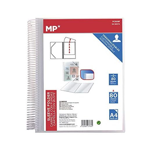 MP – Carpeta Clasificadora con Espiral, Fundas de Plástico, 80 Fundas Transparentes A4, 24x31cm, Goma de Cierre, Portada Personalizable, Uso Académico, Oficina, para Organizar Documentos y/o Archivos.