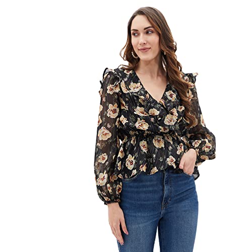 Image of Kibo Women's Black Floral Print Long Sleeve Ruffle Top