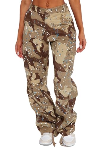 Generic Camo Cargo Pants for Women High Waist Army Fatigue Baggy Straight Wide Leg Camouflage Pockets Jogger Sweatpants, X-Large, Brown