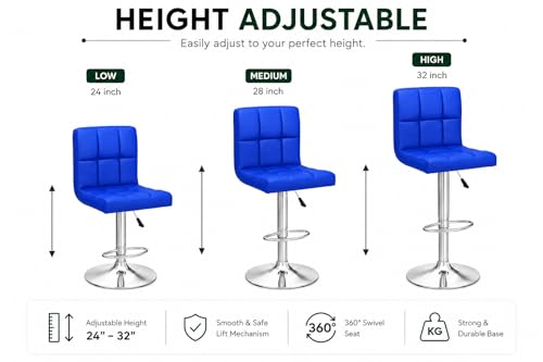 Image of Kemon KaiMeng Modern Adjustable Swivel Bar Stool Chair with Backrest, PU Leather Hydraulic Counter Stool with Footrest for Kitchen Island, Cafe & Home Bar, Blue, Square Tufted Back Stool