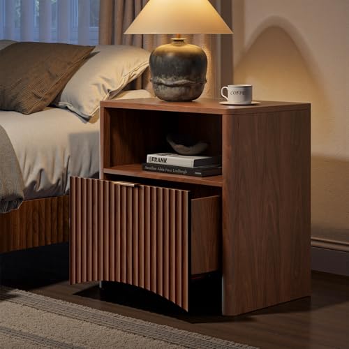 Image of Evermagin Fluted Nightstand Set of 2, Walnut Bedside Table with Drawer and Storage, Wood End Table Mid Century Modern, Large Night Stand for Bedroom