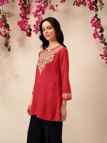 Image of QAZMI Women's Naila Kashmiri Aari Embroidered Viscose Rayon Full Sleeves A-Line Short Kurti
