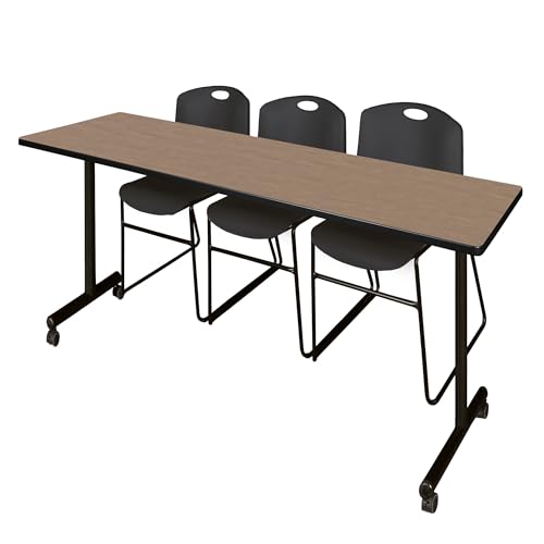 Image of Regency Kobe 84 x 24 in. Mobile T-Base Training Table- Noble Oak, 2 Zeng Stack Chairs- Black