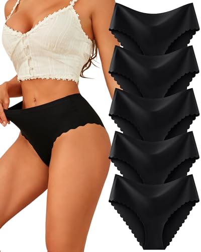 Image of FINETOO Seamless Underwear for Women High Waisted Panties Scalloped Edge Sexy Cheeky Bikini No Show Briefs S-XXL 5 Pack