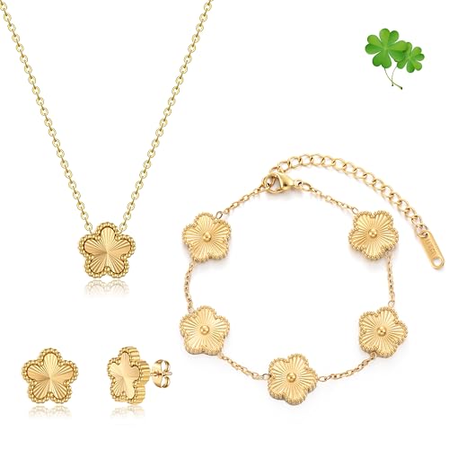 FUNIO Four Leaf Clover Bracelet Set for Women - 18K Gold Plated Van Cleef Flower Lucky 4 Leaf Necklace Bracelet Earrings Jewelry Sets Gift for Women (Gold)