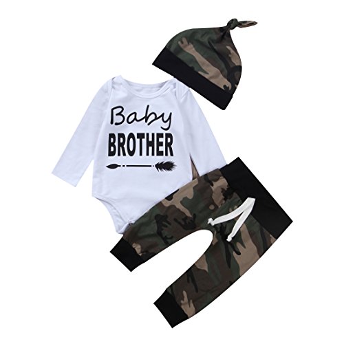 Image of 3PCS Newborn Baby Boys Cute Little Brother Romper+Camouflage Pants+Hat Outfits Set (0-6 Months, A1-camo)