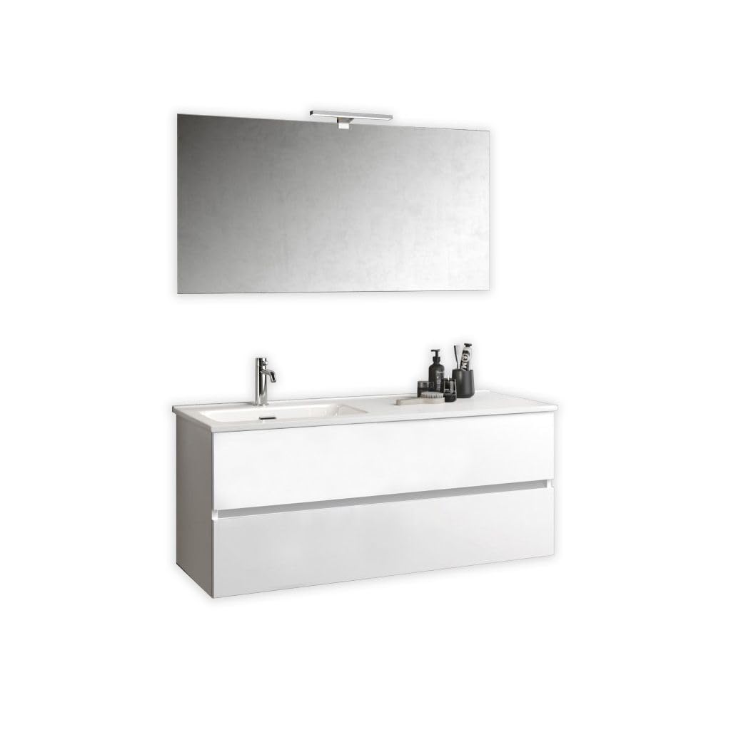 AQA DESIGN accessori casa composizione vasca bagno, nr2 cassetti con scorrimento e chiusura soft close, maniglia a gola in melaminico, nr1 specchio - Bianco - 121x46,5x190 cm