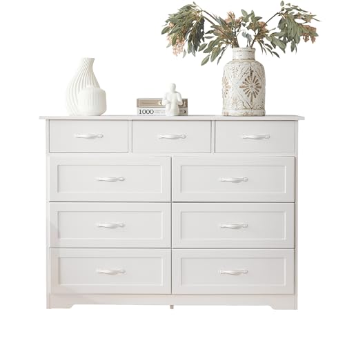 LARFOEK Cómoda blanca con 9 cajones, cómoda de madera con cajones, aparador con tiradores de metal, armario de cocina para salón, dormitorio y pasillo, 120 x 40 x 88 cm