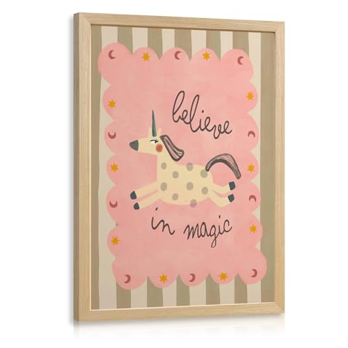 LERVR Wood Framed Unicorn Nursery Wall Art Cute Pink Kids Room Decor Believe in Magic Unicorn Canvas Print Whimsical Animal Baby Girl Nursery Artwork for Bedroom Playroom 12x16 Inch