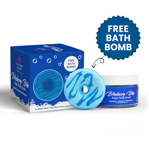 Image of The Body Bucket Blueberry Bliss Sugar Body Scrub- 200g | Included Free Bath Bomb | 3-in-1 Exfoliator, Cleanser, Moisturizer | De-Tan & Brightens Dark Areas| Smooths Strawberry Legs & Arms | Sulfate & Paraben Free