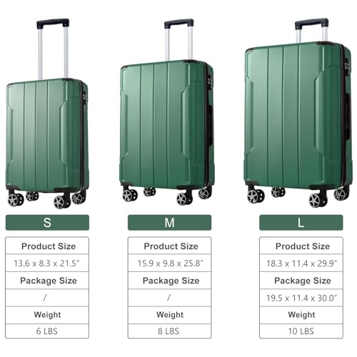 3 Piece Luggage Set - Lightweight Durable Hard Shell ABS Suitcases with Double Wheels (20/24/28 Inch, Green)4