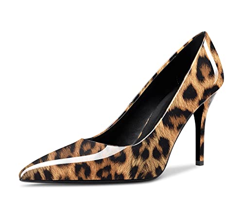 Saekcted Femmes Fille Haut High Aiguille Talon Heel Fermé Pointu Bout Slip-on Escarpins Mariage Bureau Party Dress Chaussures Jaune Léopard 41 EU Cover