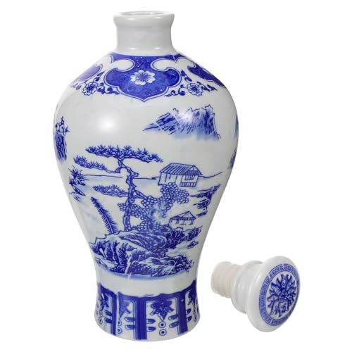 BESTonZON 青白磁器ワインボトル 安定非滑底 耐摩耗性付き 家用酒類保存容器 景徳鎮陶磁器 青花山水デザイン セラミック酒瓶 ホームデコレー