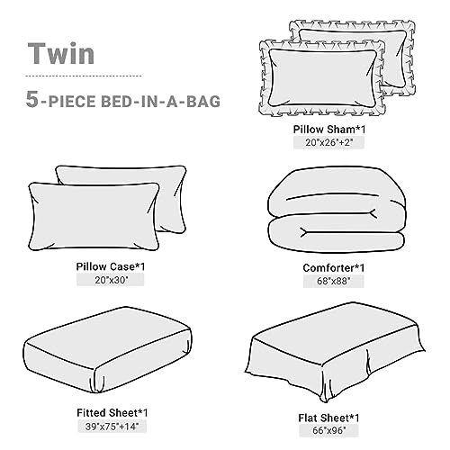JOLLYVOGUE Gray Bed in a Bag Comforter Set for Bedroom, Pintuck Twin Size Comforter Sets 5 Pieces, Beddding Sets with Comforter, Sheets,Ruffled Shams & Pillowcases