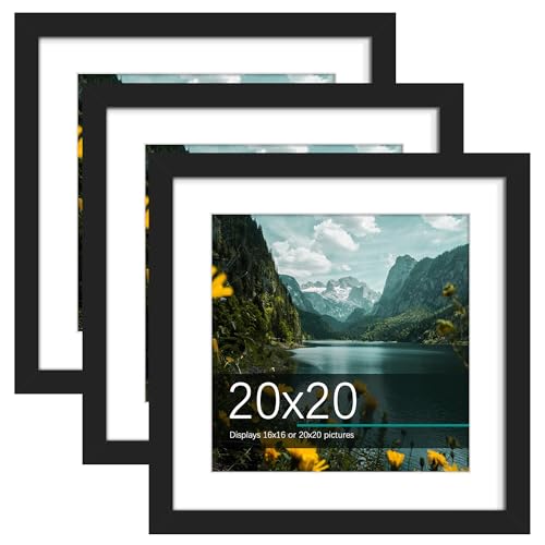 Picrit 20x20 Picture Frame 3 Pack Display Poster 16 x 16 with Mat or 20 x 20 without Mat for Horizontal or Vertical Wall Mounting BLACK