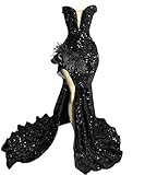 Ikerenwedding Sparkly Prom Dress Glitter Sequin Feather Split Pageant Celebrity Gala Evening Dress Black