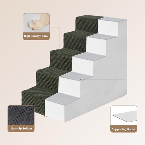 Image of EHEYCIGA Dog Stairs for High Bed 22.5 inch H, 5-Step Dog Steps for Bed, Pet Steps for Small Dogs and Cats, Non-Slip Balanced Pet Ramp Indoor, Military Green