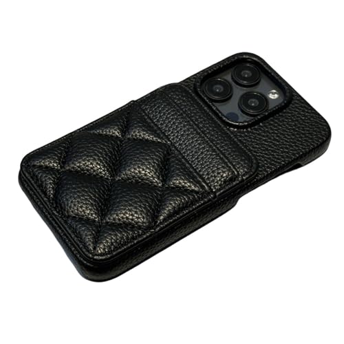 Étui portefeuille iPhone 15 Plus en cuir mat noir avec motif treillis élégant