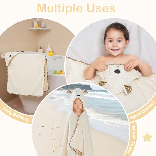 Image of FIOBEE Toddler Bath Towel with Hood Baby Towels, 55x28 inch Large Soft Absorbent Kids Hooded Towels for 1-5 Years Old Baby Girls Boys Bath Beach Essentials Blanket, Beige Bear