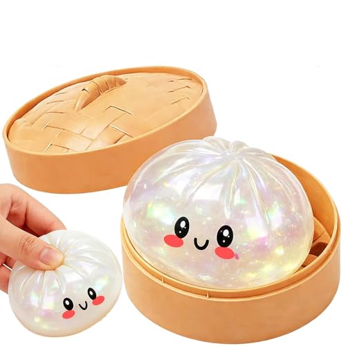 Glitter Dumpling Squishy, 2026 Upgrade Dumpling Squishy Mystery Box, Colorful Dumplings Stress Balls Fidget Sensory Toy, Stocking Stuffers with Food Steamer Stretchy Desk Toys (Transparent)
