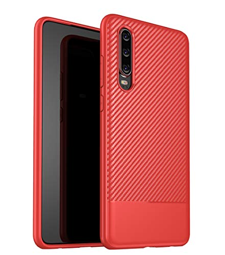 ZSCHAO For Huawei P30 Case Carbon Fiber Silicone Slim Fit Thin Shockproof Soft TPU Compatible with Huawei P30 Carbon tough Case Rugged Matte Cover Full Light Shell Skin Bumper Red