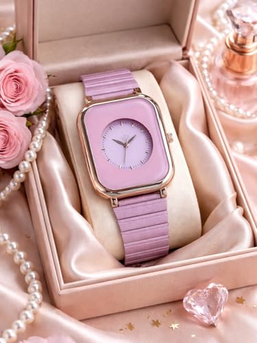 Image of Premium Rose Gold Square Analog Watch for Women & Girls | Stylish Stainless Steel Strap | Elegant Heart Second Hand | Trendy Ladies Wrist Watch under 500 | Square Case Design | Perfect for Casual | Affordable Fashion Watch for Girls