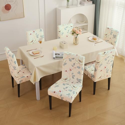 Image of HOKIPO Premium Printed Velvet Dining Chair Cover Set of 6, Buttercream Magnolia Whisper (AR-5794-D5*6)
