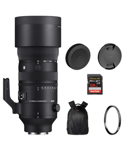 Sigma 70-200mm f/2.8 DG DN OS Sports Lens for Sony E | Dyanmic Zoom Camera Lens with Tiffen 77mm UV Filter 128GB Extreme PRO SD Card and Camera Backpack with Versatile Storage (Bundle Set)