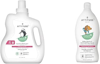 ATTITUDE Laundry Detergent for Baby Apparel, Plant and Mineral-Based Formula,80 Loads, 2 Liters & Baby Dish Soap, Plant-based Dish Liquid Extra Gentle on Sensitive Skin, 700 mL