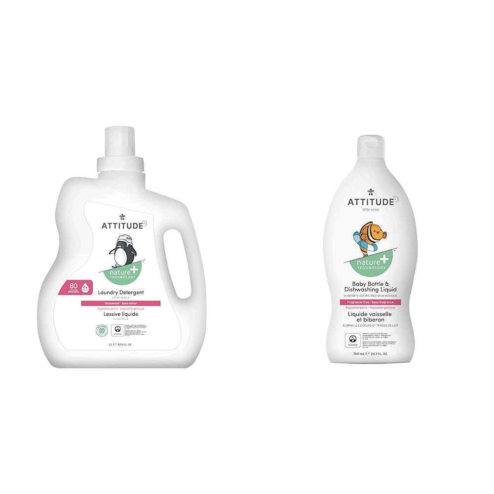 Bundle of ATTITUDE Baby Bottle and Dishwashing Liquid EWG Verified Vegan Unscented 23 7 Fl Oz Baby Laundry