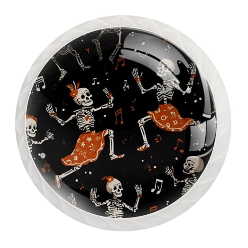 Juego de 12 pomos redondos de cristal sin costuras con diseño de esqueletos bailando sobre fondo negro, para cajones de puertas, armarios, armarios y armarios, decoración para el hogar, oficina o