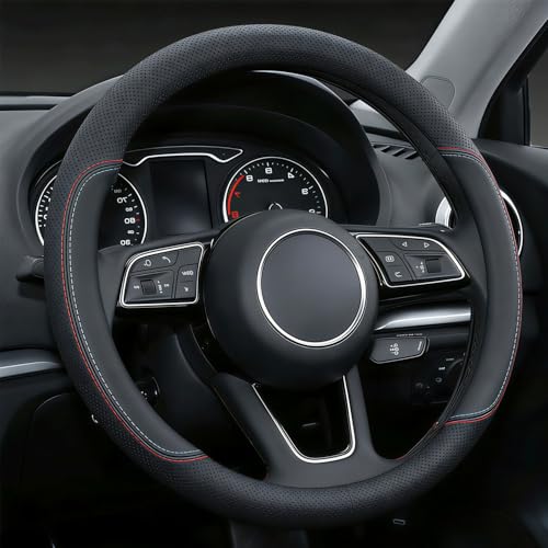 Leather Steering Wheel Cover for GMC Sierra 1500 2500 3500, 14.5-15 inches Car Steering Wheel Cover with Anti-Slip Massage Particle (Black)