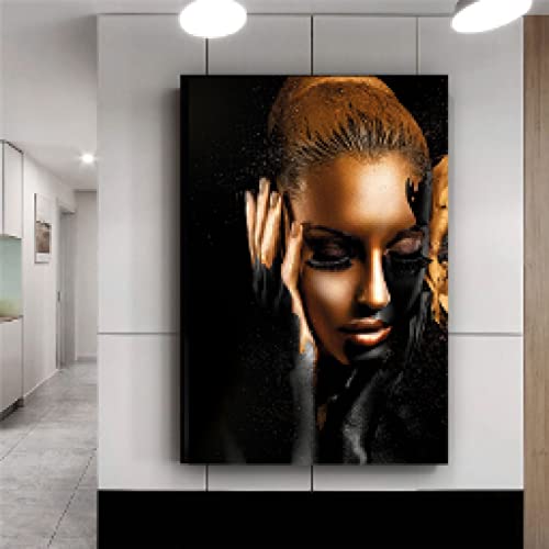Peinture sur toile femme africaine noir et or 80x110cm dsdsgog art moderne sans cadre pour salon