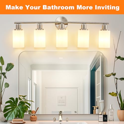 Image of DLLT 5-Light Bathroom Light Fixtures: Nickel Modern Vanity Lights with E26 Bulbs - Milky White Glass Shade Bathroom Wall Lamp for Mirror Kitchen Living Room Hallway Cabinet Porch
