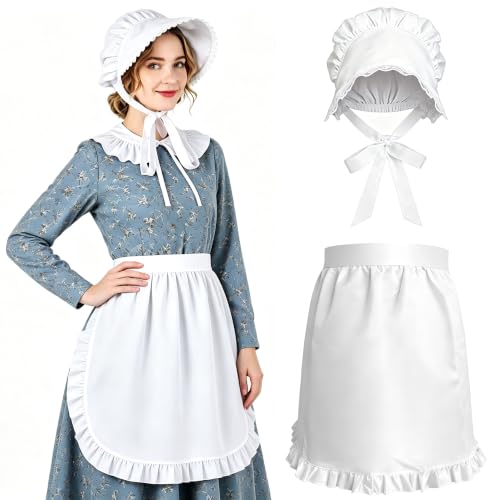 CiuKuic 2Pcs Women Vintage Colonial Costume Accessory Set, White Bonnet & Waist Apron, Pioneer Amish Pilgrim Cosplay Outfit for Adult Halloween Renaissance Fair