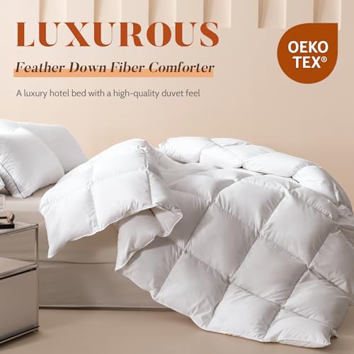 Cosybay Oversized King Size Feather Down Fiber Comforter Ultra Fluffy Duvet Insert, All Season White Cotton Cover Luxury Hotel Bed Comforter with Corner Tabs, 116x98 Inch