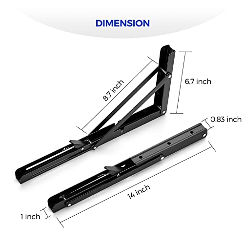 Image of Ravinte 2 Pack 14 Inch Folding Shelf Brackets - Matte Black, Heavy Duty Collapsible Brackets for Tables and Benches - Space-Saving Design