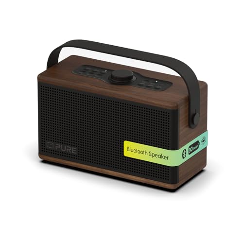 Pure Classic Aura Bluetooth-Lautsprecher 40 Watt, 30h Akku, Licht, USB-C, AUX, IPX2, 2-Wege-Sound, EQ-Modi – Kaffeebraun mit Walnuss, Retro-Design für zuhause