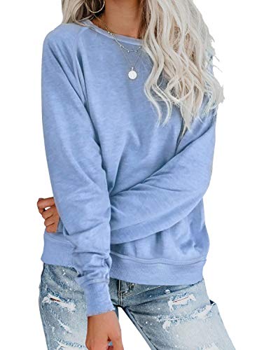 Womens Pullovers Classic Loose Fit Long Sleeve Crewneck Casual Solid Sweatshirts Autumn Tops Blouses T Shirts Blue X-Large