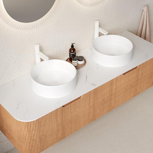 Image of KEIKI 60 inch Wall-Mounted Floating Vanity, Modern Bathroom Vanity with Sinks and 3D Striped Drawer Fronts, 2 White Ceramic Vessel Basins, Pre-Assembled Storage Cabinet for Bathroom, Natural Wood
