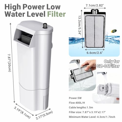 Image of GOZILLA Turtle Tank Filter 105GPH, Low Water Level Turtle Tank 5W Fish Tank Aquarium Filters for Small Tanks up to 20 Gallons Include 2 Replacement Cartridge.(White)