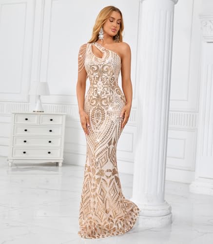 Image of Cololura Women Sequin Elegant Sexy One Shoulder Tassel Mermaid Bodycon Cocktail Evening Dress