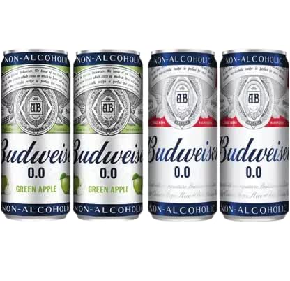 Budweiser 0.0 NON-ALCOHOLIC BEER - GREEN APPLE MALT, REGULAR MALT Can (4 x 330 ml)