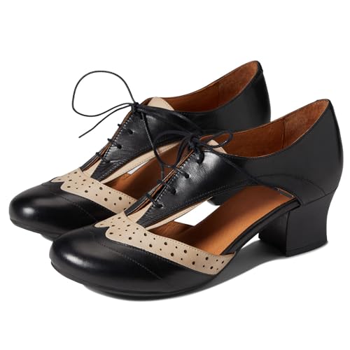 SHODENSE Women Chunky Heel Oxford Brogues Round Toe Lace Up Oxford Heels Cut Out 2 inch Stacked Block Heel Oxford Sandals Perforated Two Tone Vintage Retro Office Party Summer 4-11 M US