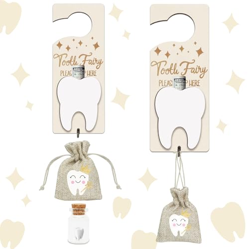 Tooth Fairy Tooth Holder, Tooth Fairy Door Hanger with Money Slot, Keepsake Bottle &amp; Burlap Pouch for Lost Teeth Milk Teeth, Encourage Gift for Boys Girls (Light Brown)