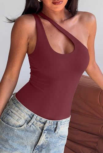 Image of REORIA Butsmooth Women's Trendy Sexy Plunge One Shoulder Sleeveless V Backless Going Out Tank Bodysuits Tops