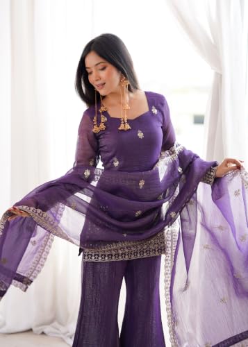 Buy Kryvyn PRESENTING NEW CRUNCHY SILK FABRIC WITH EMBROIDERY SEQUENCE AND JARI WORK,TOP WITH DUPPTA SET,BELL BOTTOM PENT READY TO WEAR XS | PURPLE at Amazon.in - Image 3